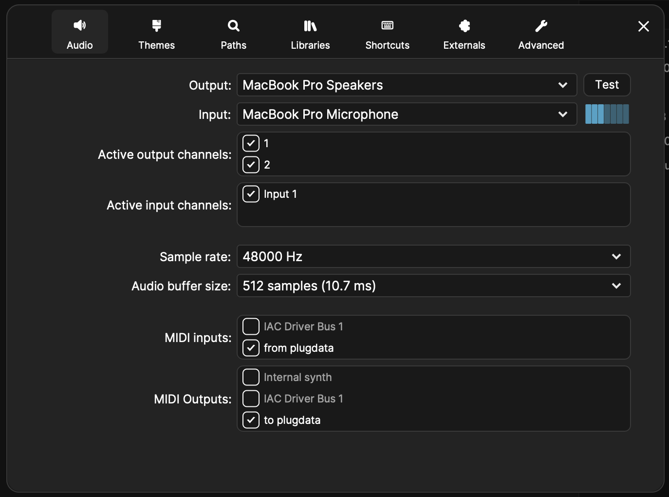 Configuración MIDI en plugdata